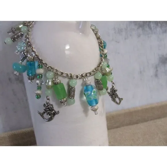 Handmade Mermaidcore Charm Bracelet - Seafoam & Teal Nautical Jewelry - Picture 6 of 10